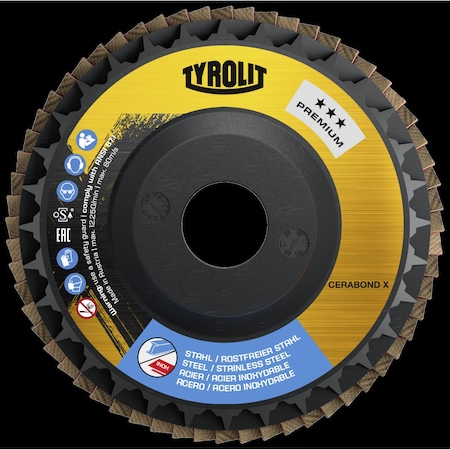 Tryolit Abrasives TYROLIT Premium CERABOND Flap Disc, 4-1/2" x 7/8", Type 27, 40 Grit 34334425